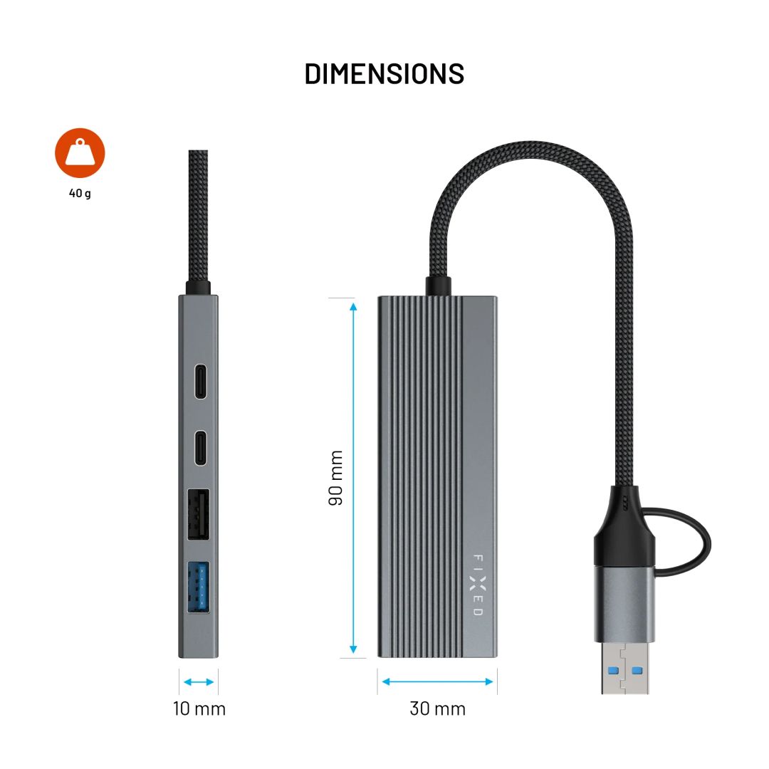 FIXED 4 portos USB-HUB, sötétszürke