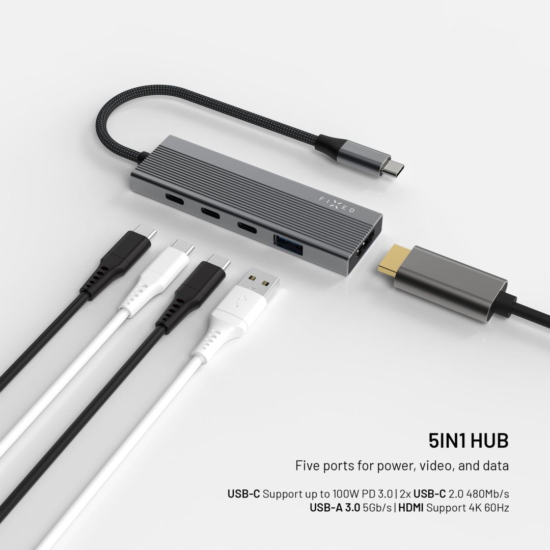 FIXED 5 portos USB-HUB, sötétszürke