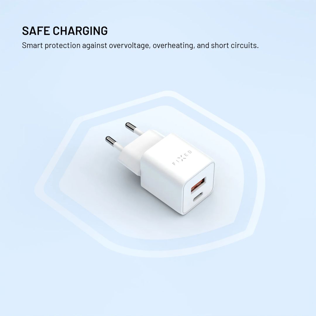 FIXED Mini GaN hálózati töltő USB-C és USB kimenettel, PD támogatással, 30W, fehér