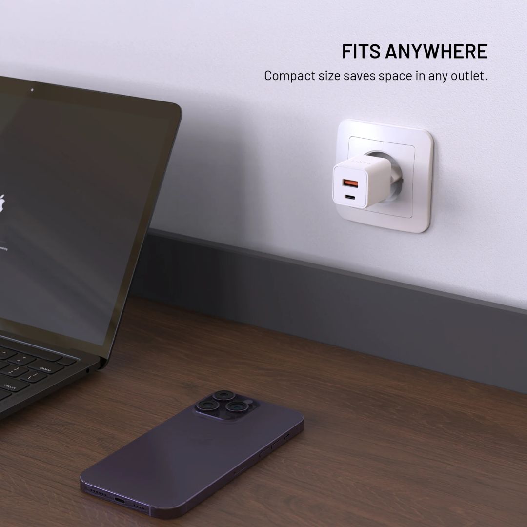 FIXED Mini GaN hálózati töltő USB-C és USB kimenettel, PD támogatással, 30W, fehér