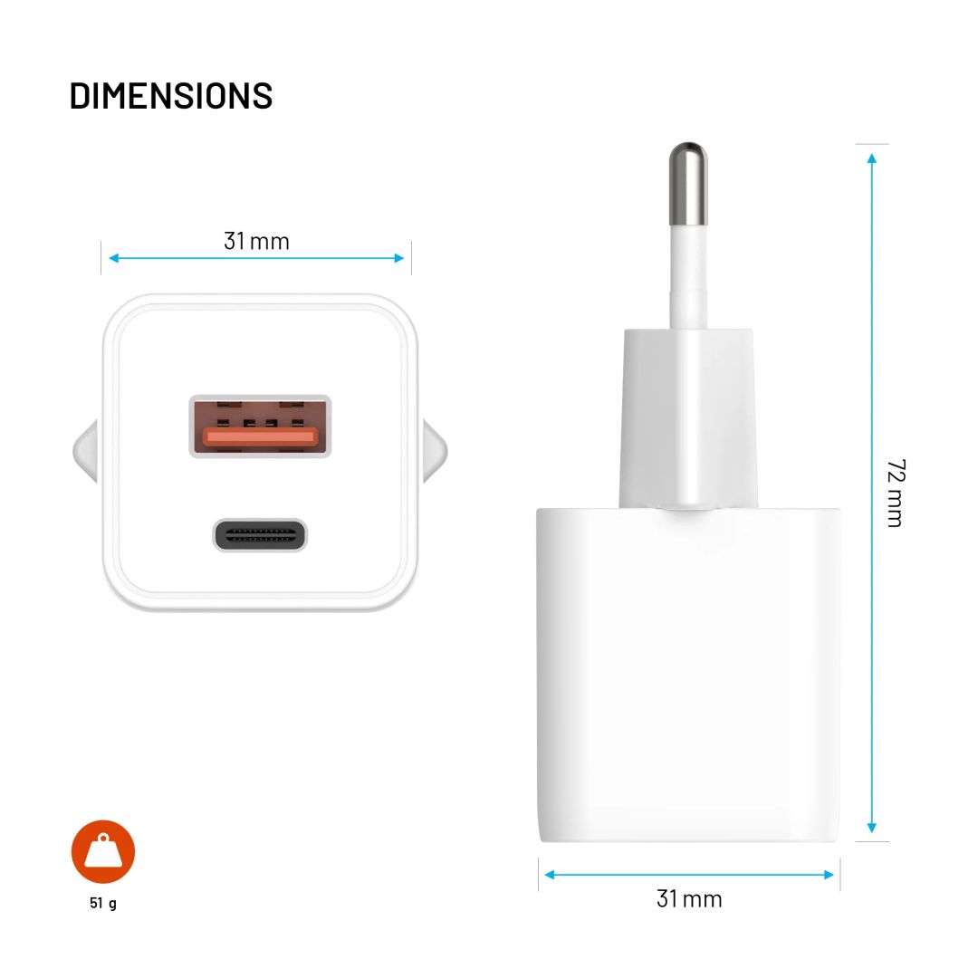 FIXED Mini GaN hálózati töltő USB-C és USB kimenettel, PD támogatással, 30W, fehér