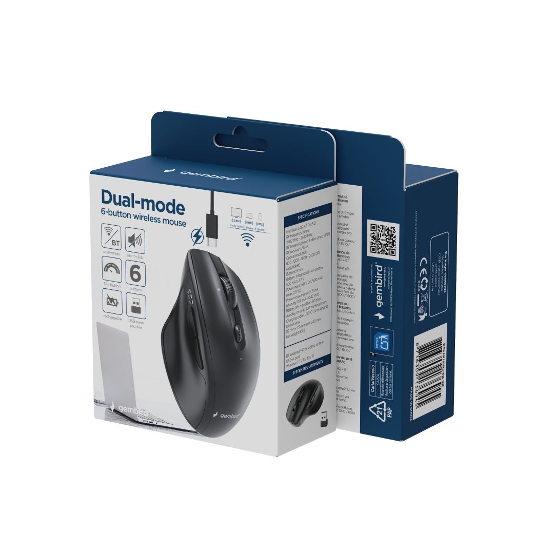 Gembird MUSW2-6B-02 Dual-Mode Wireless Bluetooth Mouse Black