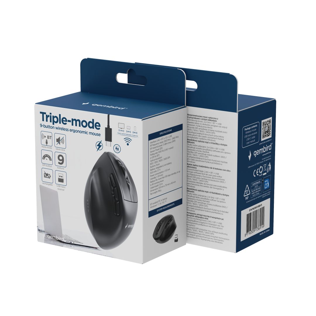 Gembird MUSW3-9B-01 Triple-Mode Wireless Bluetooth Mouse Black