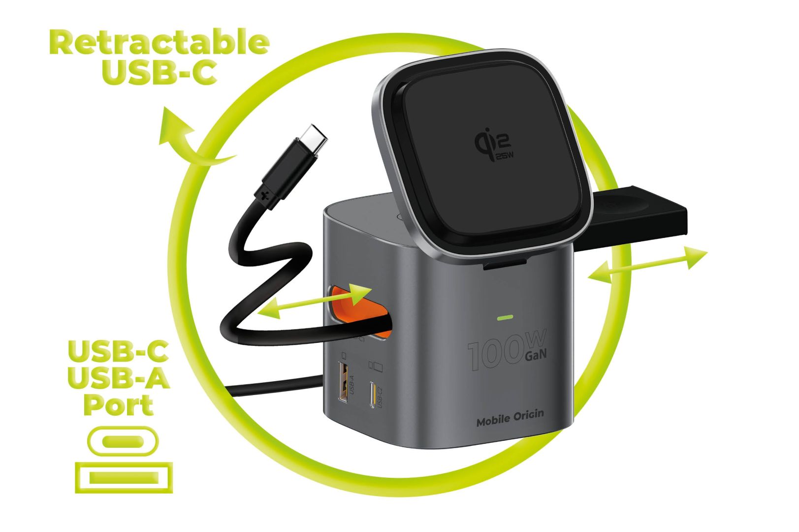 Mobile Origin 100W Qi2 25W Foldable Charger PW37 MagSafe Compatible Space Gray