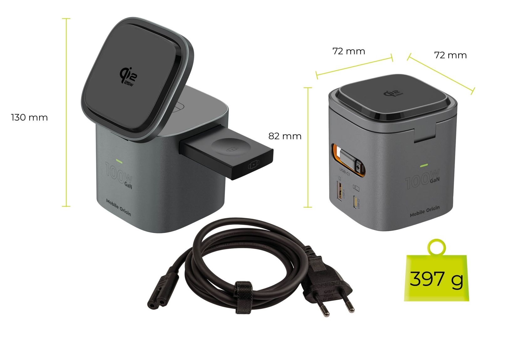 Mobile Origin 100W Qi2 25W Foldable Charger PW37 MagSafe Compatible Space Gray