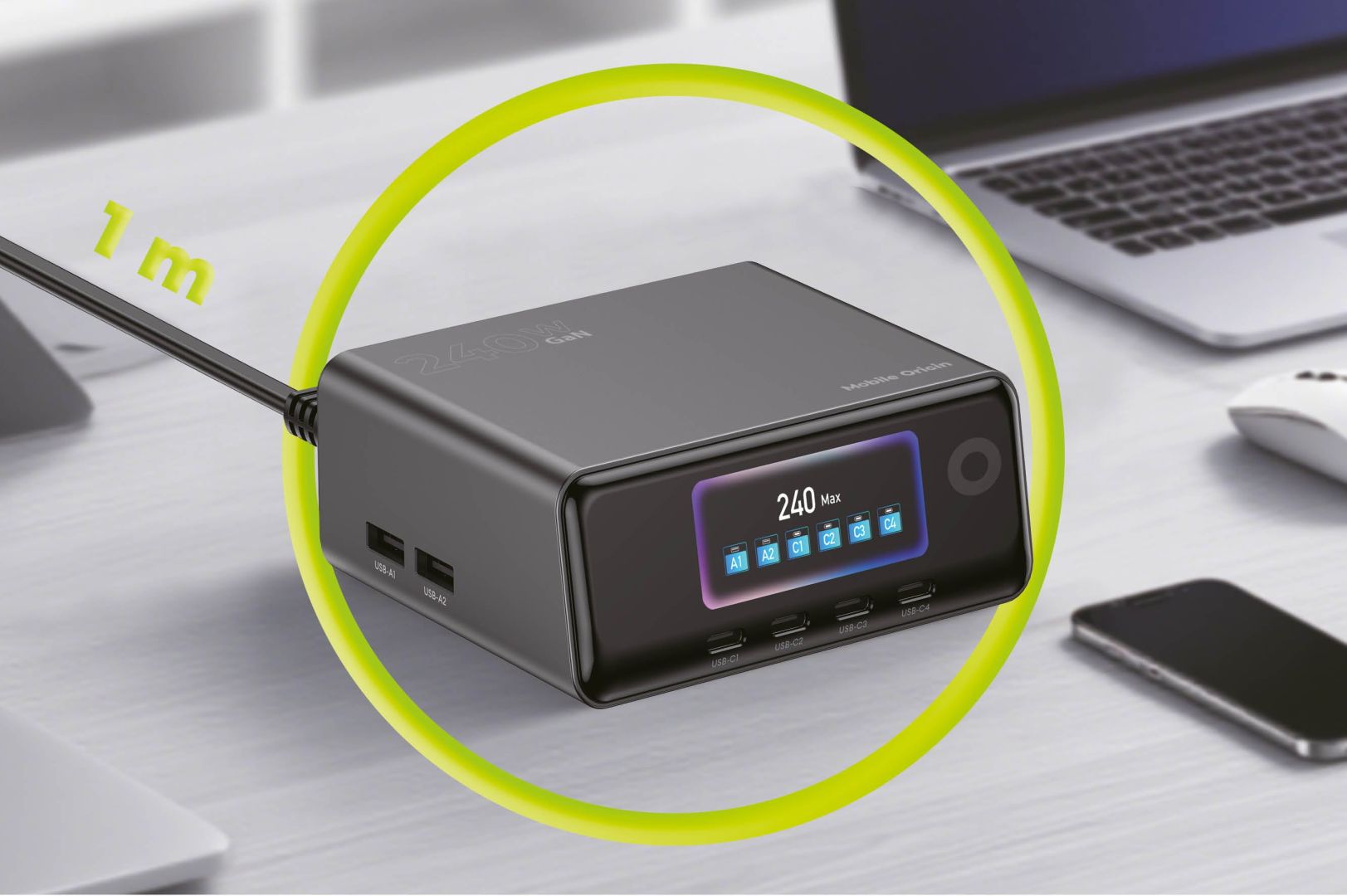 Mobile Origin GaN Charging Hub with Display 4× USB-C + 2× USB-A PW39 240W Black