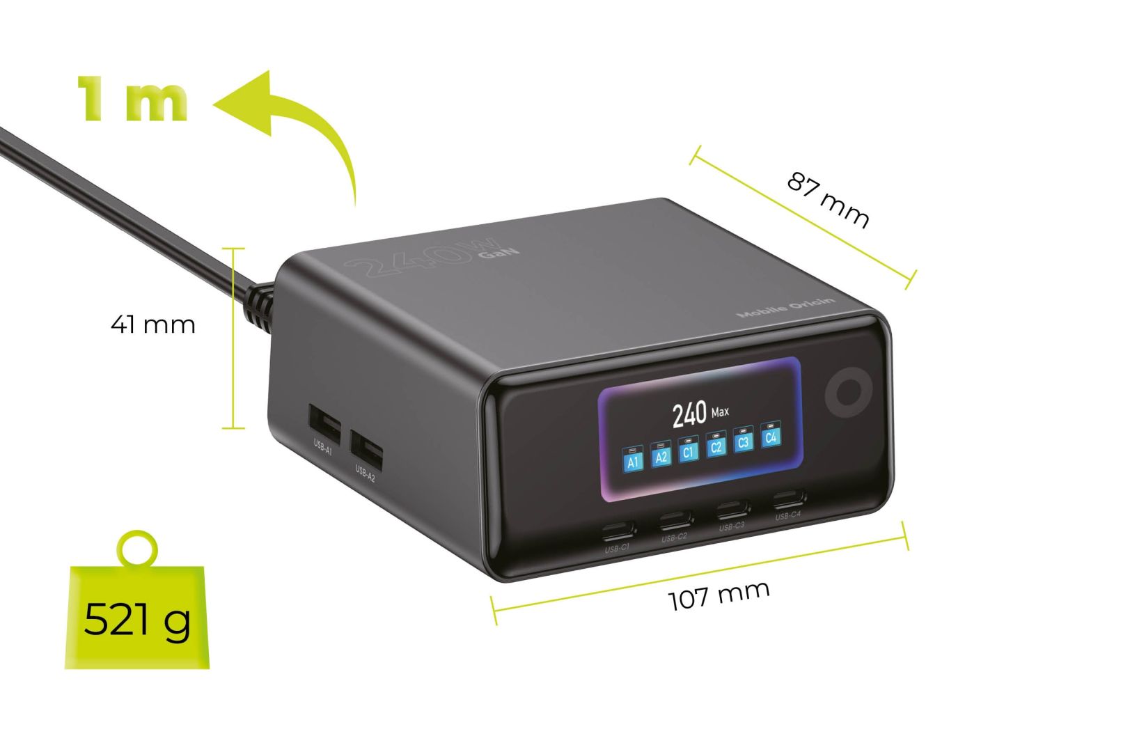 Mobile Origin GaN Charging Hub with Display 4× USB-C + 2× USB-A PW39 240W Black