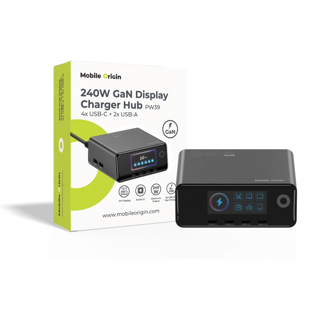 Mobile Origin GaN Charging Hub with Display 4× USB-C + 2× USB-A PW39 240W Black