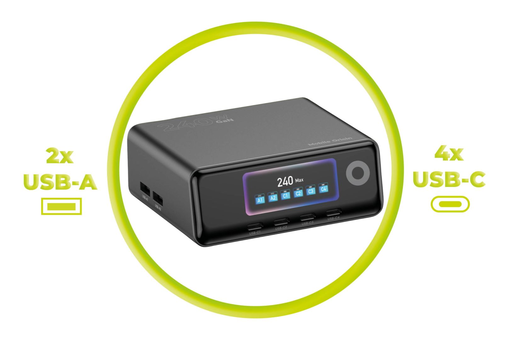 Mobile Origin GaN Charging Hub with Display 4× USB-C + 2× USB-A PW39 240W Black