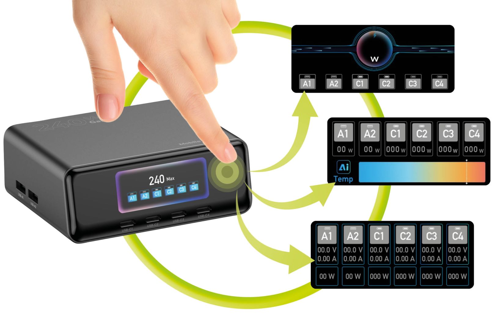 Mobile Origin GaN Charging Hub with Display 4× USB-C + 2× USB-A PW39 240W Black