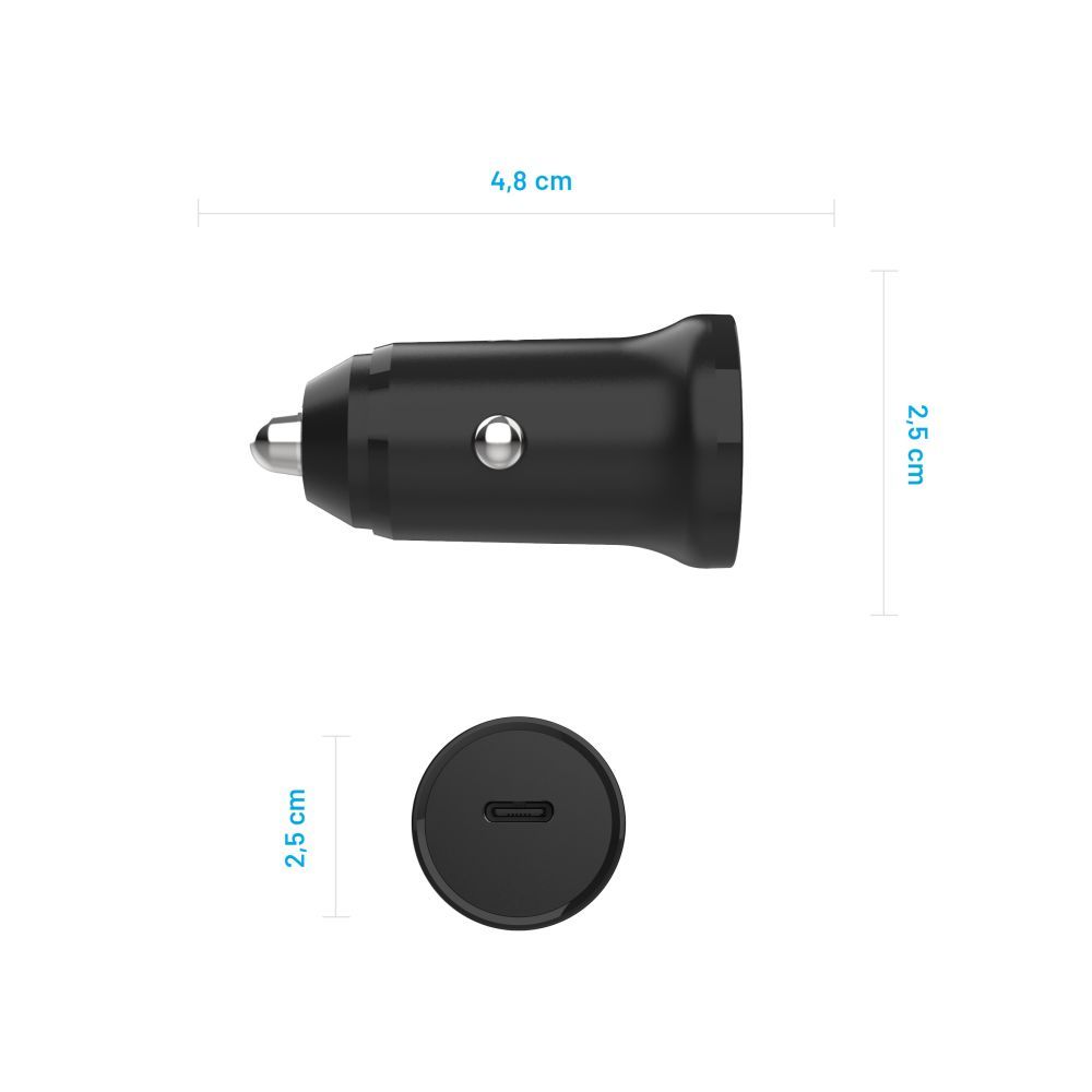FIXED USB-C 12/24V-os autós töltő, 20W, PD3.0, 1 m USB-C kábellel, fekete