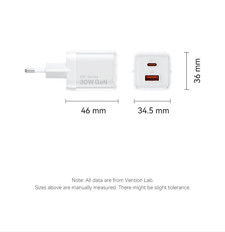 Vention 2-Port USB (C-A) GaN Charger (30W/30W) EU-Plug White