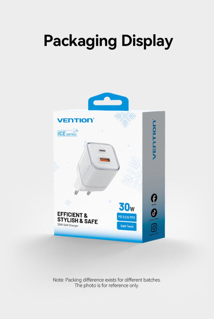 Vention 2-Port USB (C-A) GaN Charger (30W/30W) EU-Plug White