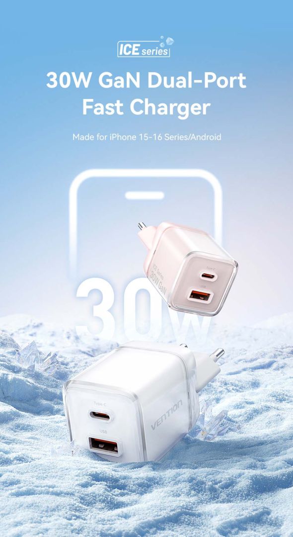 Vention 2-Port USB (C-A) GaN Charger (30W/30W) EU-Plug White