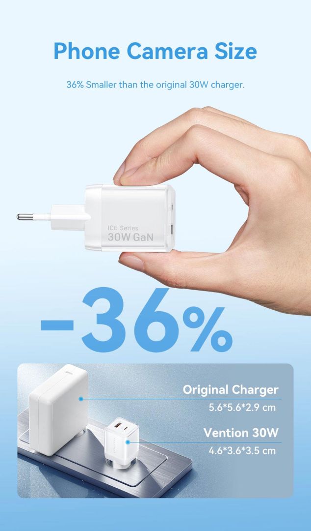 Vention 2-Port USB (C-A) GaN Charger (30W/30W) EU-Plug White