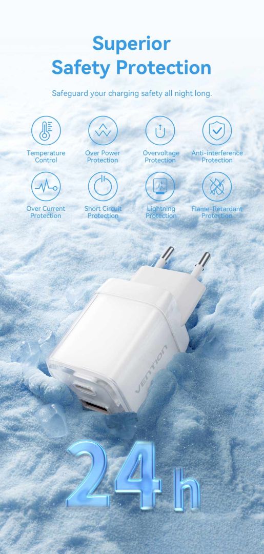 Vention 2-Port USB (C-A) GaN Charger (70W/22.5W) EU-Plug Gray
