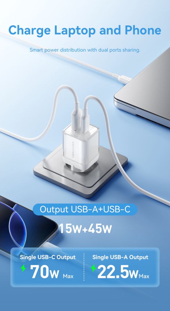 Vention 2-Port USB (C-A) GaN Charger (70W/22.5W) EU-Plug Gray