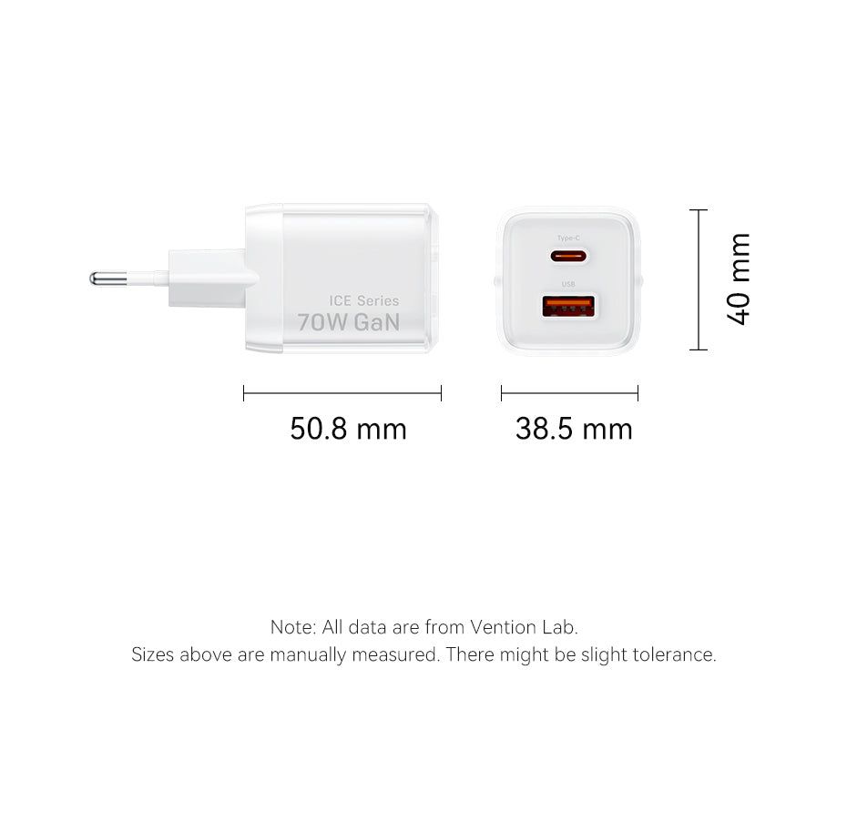 Vention 2-Port USB (C-A) GaN Charger (70W/22.5W) EU-Plug White