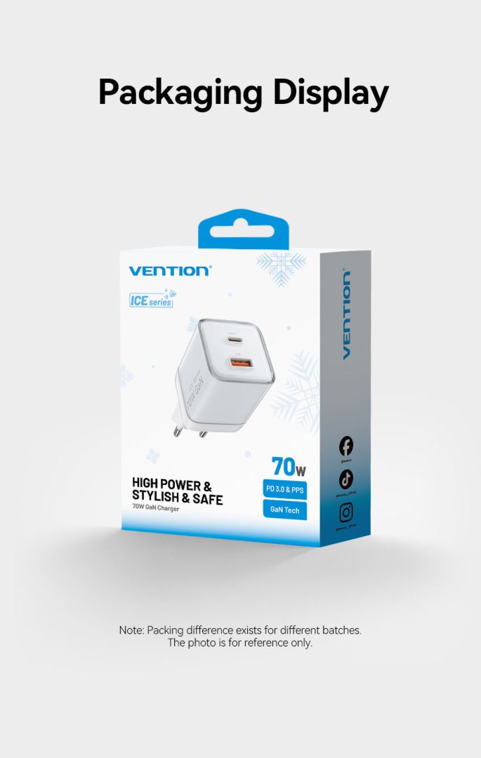 Vention 2-Port USB (C-A) GaN Charger (70W/22.5W) EU-Plug White