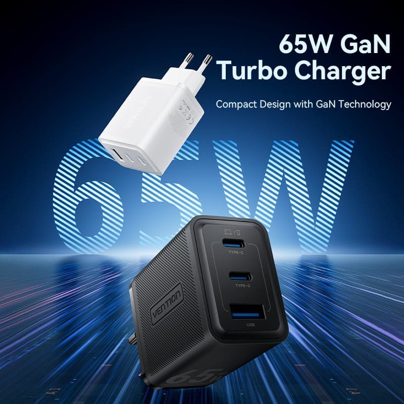Vention 3-Port USB (C+C+A) GaN Charger (65W/65W/60W) EU-Plug White