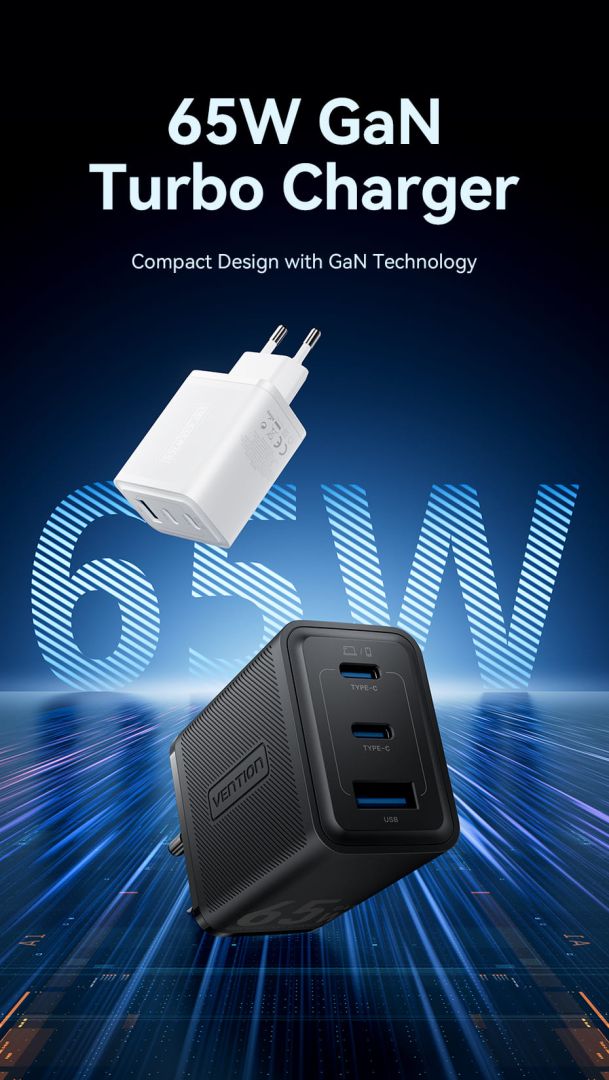 Vention 3-Port USB (C+C+A) GaN Charger (65W/65W/60W) EU-Plug White