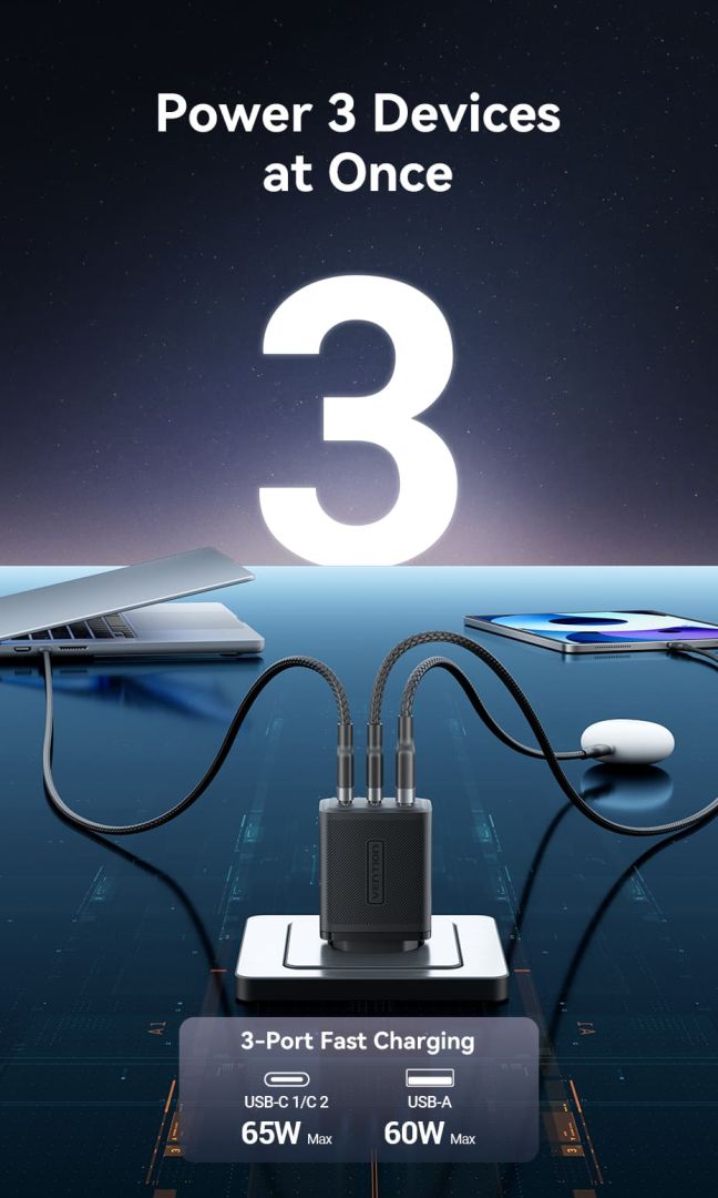 Vention 3-Port USB (C+C+A) GaN Charger (65W/65W/60W) EU-Plug White