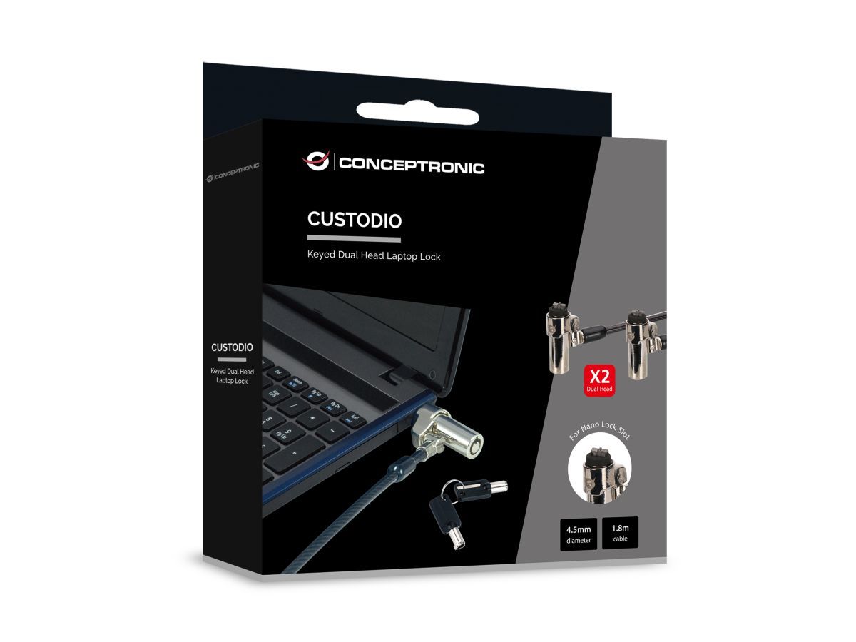 Conceptronic  CUSTODIO02BNTM Keyed Dual Head Laptop Lock Master Keyed Compatible 1,8m Black