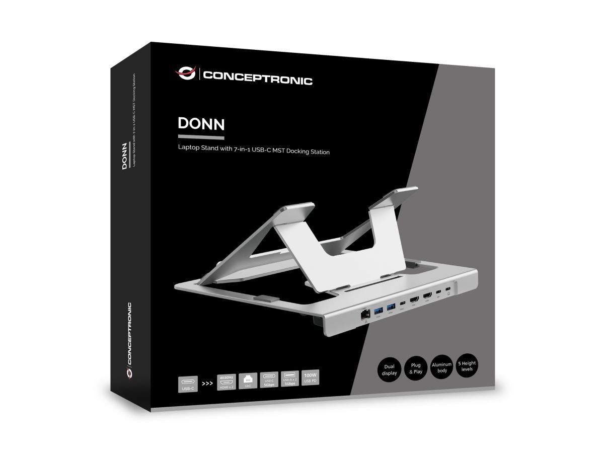Conceptronic  DONN35S Laptop Stand with 7-in-1 USB-C MST Docking Station Silver