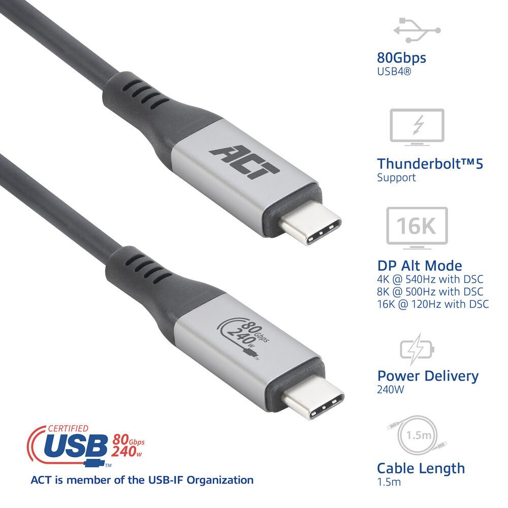 ACT AC7452 USB4 80Gbps Thunderbolt 5 cable 240W USB Type-C 1,5m Black