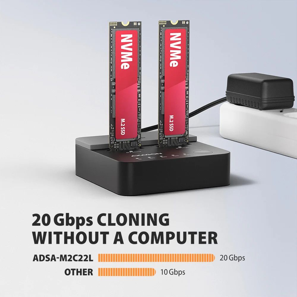 AXAGON ADSA-M2C22L USB-C 20Gbps docking station for 2× M.2 NVMe SSD with disk cloning function without PC