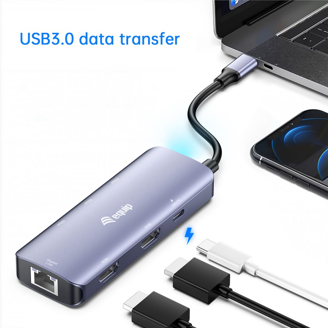 EQuip 133501 USB-C 7-in-1 MST Multifunctional Adapter Grey