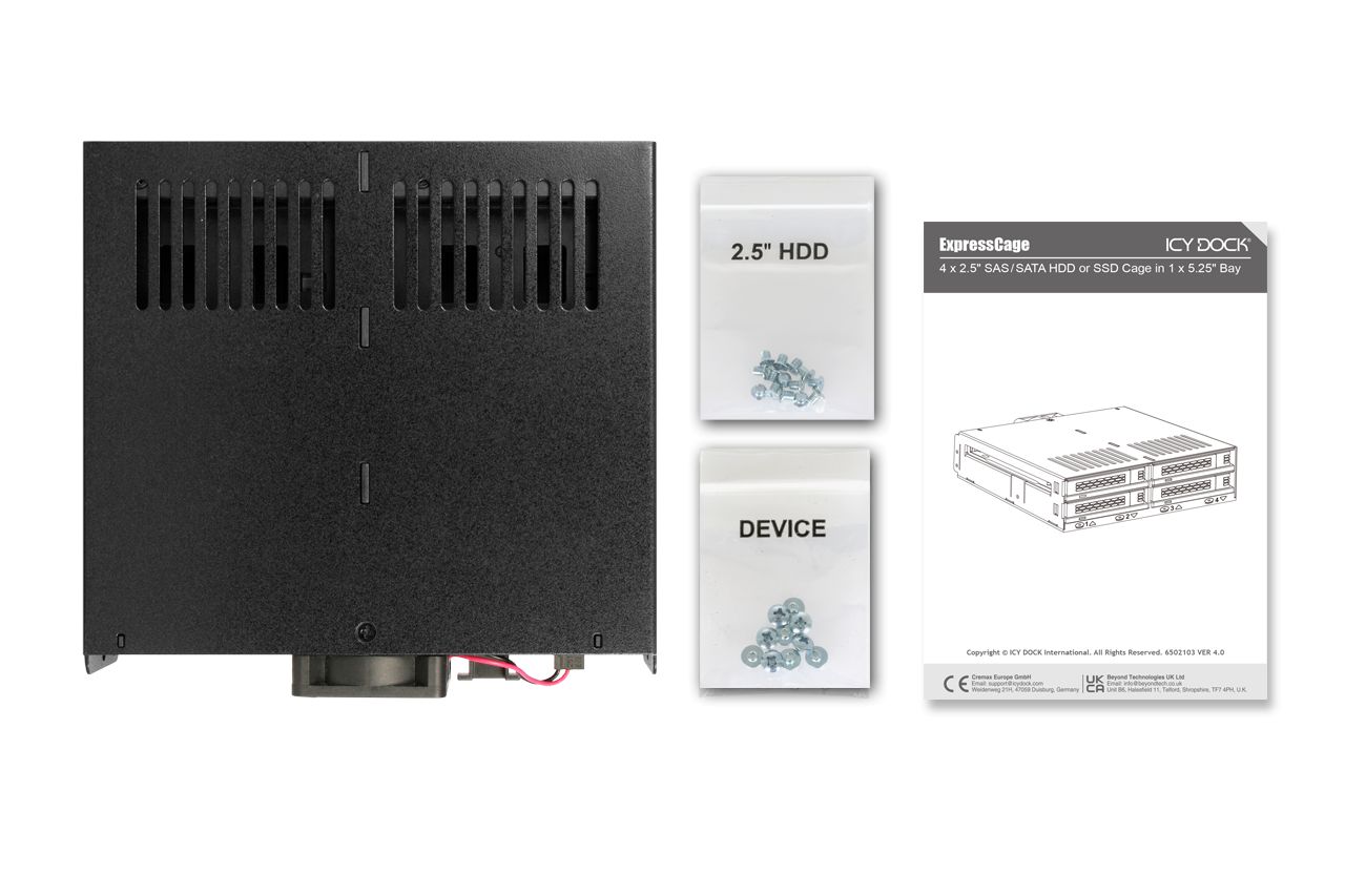 IcyDock ExpressCage MB324SP-1B 4 Bay 2.5” SATA/SAS HDD SSD Hot-Swap Mobile Rack Enclosure with Tool-Less SSD Mounting Tray for 5.25” Drive Bay (4 x SATA 7pin)