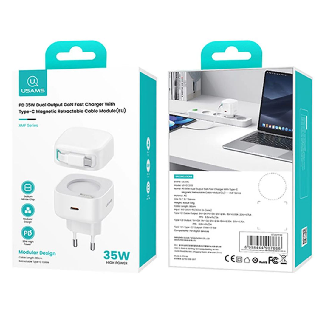 Usams CC202TC02 Hálózati töltő 1xUSB-C aljzattal + USB-C kábel 35W GaN White