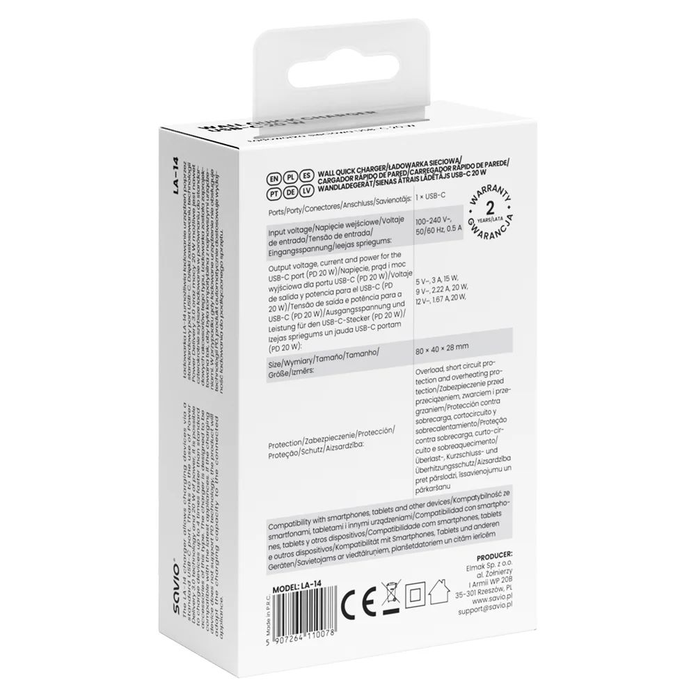 Savio LA-14 20W Wall Charger with Power Delivery 3.0 White