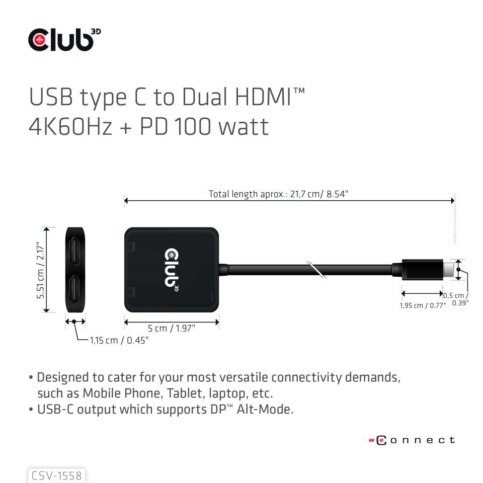 Club3D Club3D MST-Hub USB 3.2 Typ C > 2x HDMI 4K60Hz +100W PD St/Bu retail