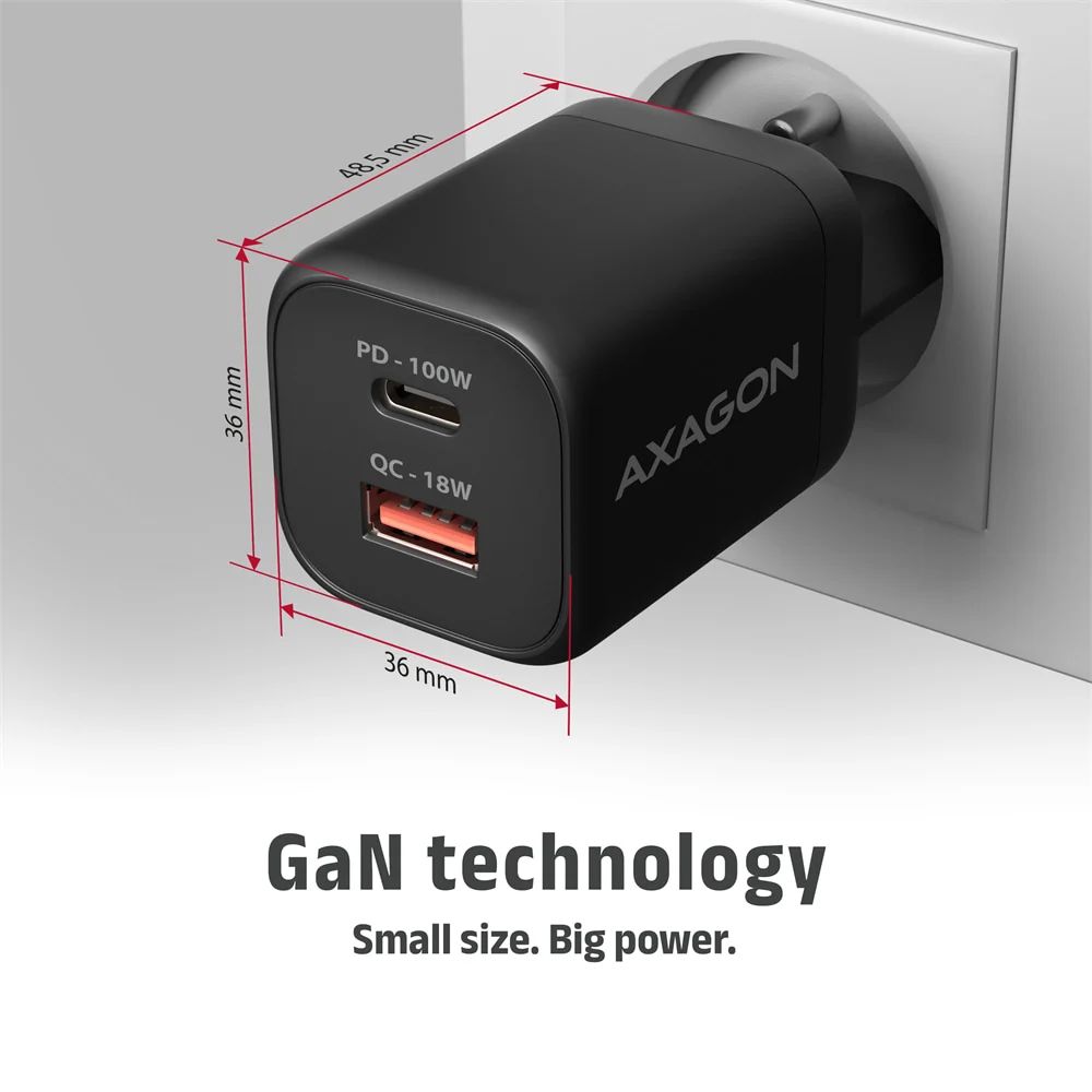 AXAGON ACU-PQ100 GaN Wall Charger 100W for laptops and phones Black