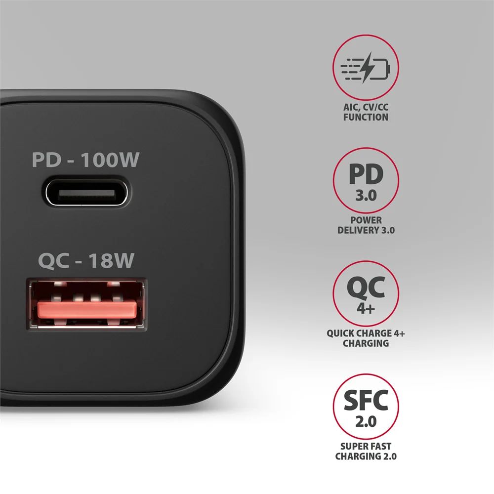 AXAGON ACU-PQ100 GaN Wall Charger 100W for laptops and phones Black
