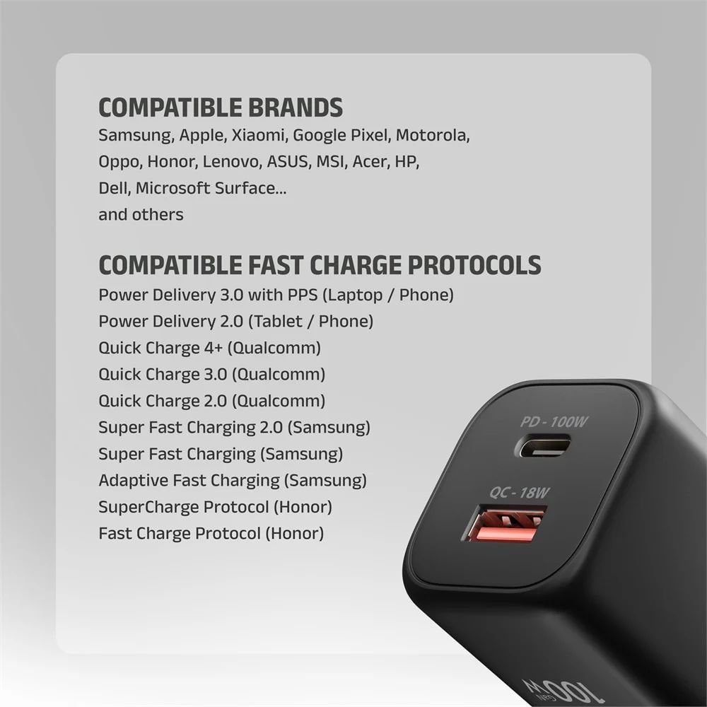 AXAGON ACU-PQ100 GaN Wall Charger 100W for laptops and phones Black