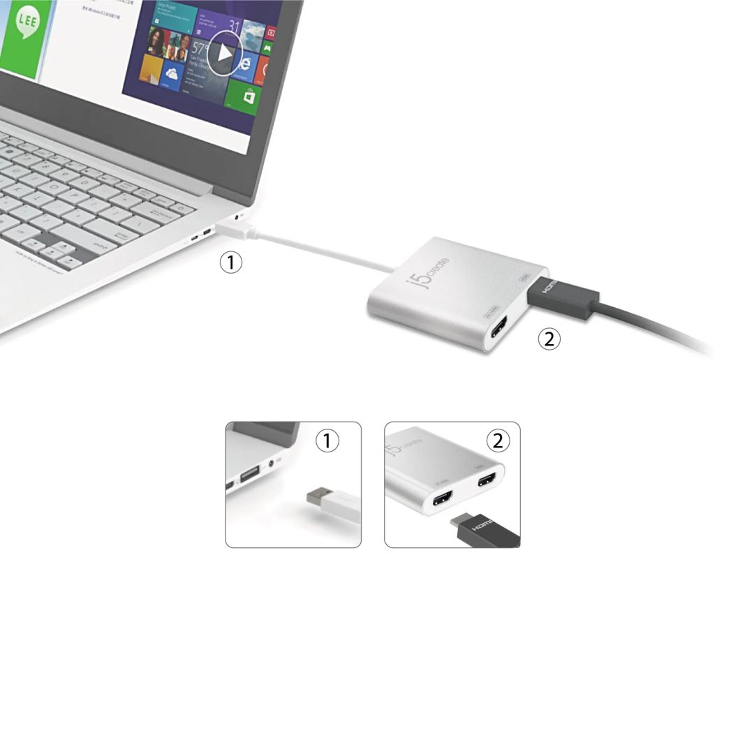 j5create JUA365 USB3.0 to Dual HDMI Multi-Monitor Adapter Silver