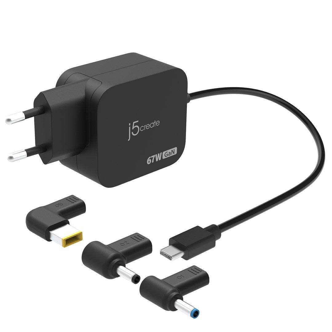 j5create JUP1565DCE3A 67W GaN PD USB-C Mini Charger with 3 Types of DC Connector Black