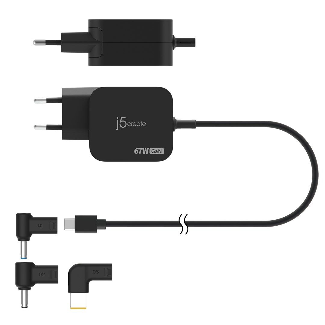 j5create JUP1565DCE3A 67W GaN PD USB-C Mini Charger with 3 Types of DC Connector Black