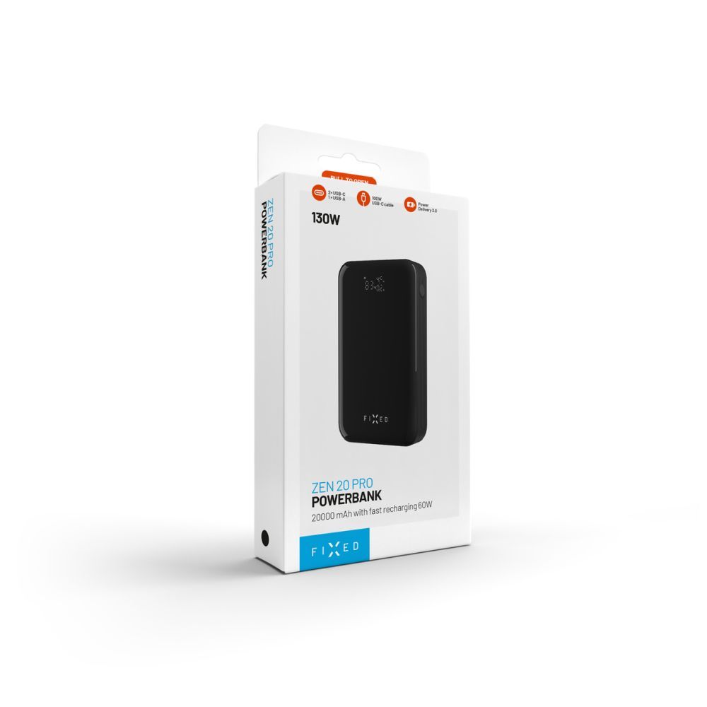 FIXED Zen 20 Pro powerbank LCD kijelzővel, 20,000 mAh, PD3.0, kimenetek:2x USB-C + 1x USB-A, szürke